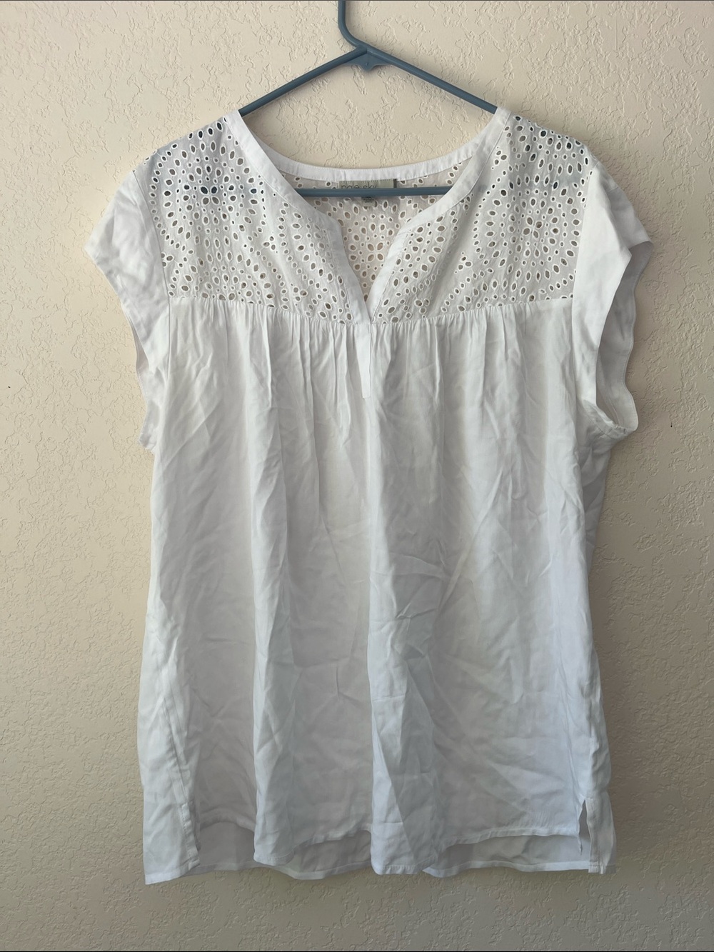 White Eyelet Yoke Cap-Sleeve Blouse
